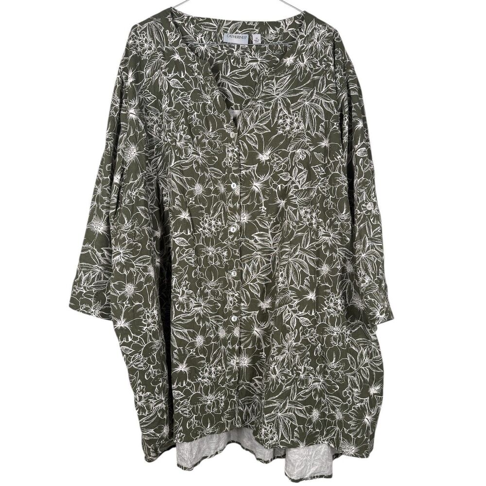 Catherines Womens Green White Button Up Top Sz 3X Boho Floral Comfort